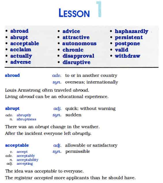sample pages of essential words for TOEFL